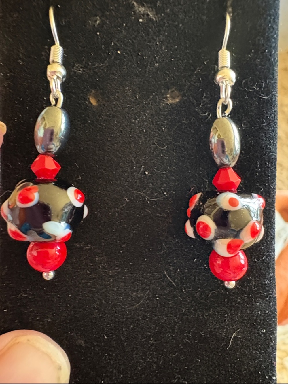 Hand Crafted Black, Red and Hematite Glass Bead Drop Earrings